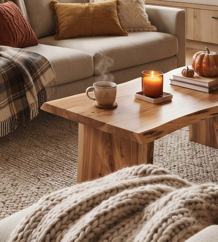 Cozy fall home staging in a Miami living room featuring a natural wood coffee table, terracotta pillows, and a warm burning candle.